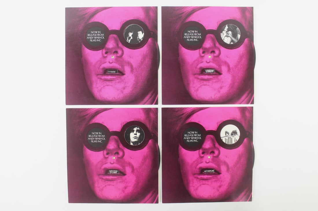 Lot of 4 Andy Warhol Factory Films Promo Cards: Lot of 4Andy Warhol Factory Films Promo Cards. This set of promotional advertisements has a pink and black printed portrait of Andy Warhol on one side, with a paper disc in back that turns manually to