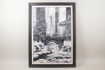 Large B&W Central Park Gapstow Bridge NYC Painting