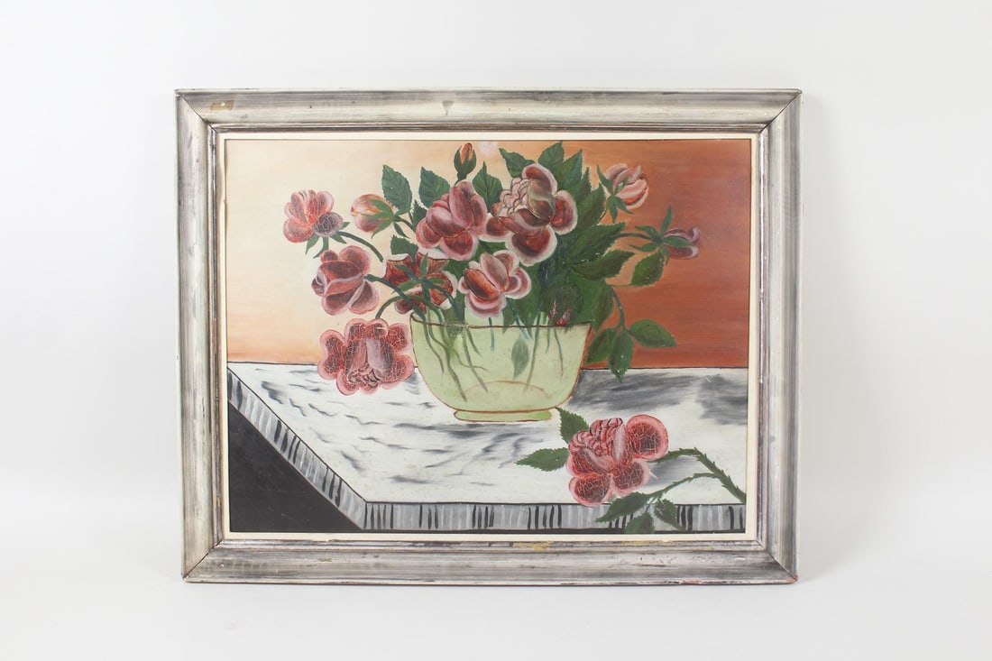 Oil Painting Floral Still Life of Roses Flowers in Glass Bowl: Oil Painting Floral Still Life of Roses Flowers in Glass Bowl. The painting has a very cool line designed table, very folky. Dimensions are 21.75 in h x 27.5 in w x 1 in d. Condition is good. Please c