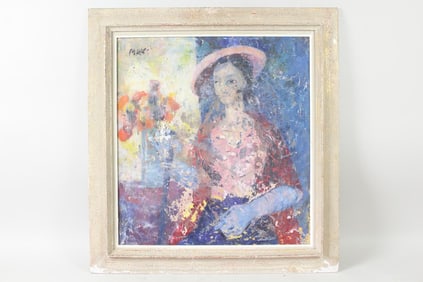 Large Impressionistic Painting of a Woman in a Pink Hat, Signed Max