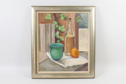 Oil Painting Still Life Bottle & Fruit, Signed and Dated 1941