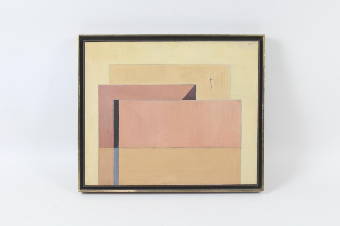 Minimalist Oil Painting in Shades of Nude Tones, Signed B.E.: Mid Century Modern Minimalist Oil Painting in Shades of Nude Tones, Signed B.E.. This is signed B.E. and features geometric minimal painting in nude shades. Dimensions are 16.5 in h x 19.25 in w x 1.5