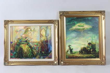 Pair of Colorful Surreal Steampunk Paintings, Signed