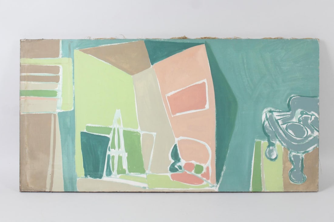 Abstract Painting of a Studio Interior in Muted Colors: Abstract Painting of a Studio Interior in Muted Colors. Large abstract painting on canvas in muted ice cream colors, with white outlining. No signature. Dimensions are 21 in h x 41 in w x .75 in d. Co