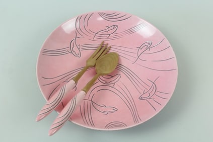 Pink Roselane Pottery Salad Bowl with Matching Utensils