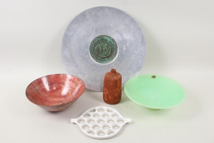 Lot of 5 Mid Century Modern Accessories; Alabaster Bowl, Terra Cotta Vase, Etc