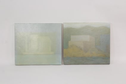 Pair of Clark Murray Expressionistic Paintings, Buildings in Muted Greens