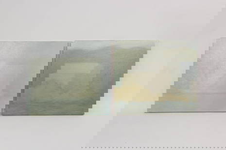 Pair of Clark Murray Expressionistic Paintings, Buildings in Muted Greens: Pair of Clark Murray Expressionistic Paintings, Buildings in Muted Greens. Two complementary atmospheric paintings on canvas covered hard panels in muted organic colors and shapes suggesting a buildin