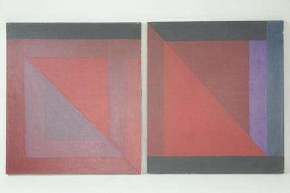 Pair of Large Clark Murray Geometric Abstract Paintings, Red Triangles