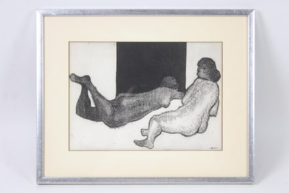 Framed B&W Etching of 2 Reclining Nudes, Signed Levi