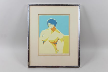 Modernist Screenprint of a Male Figure "On the Beach", Signed
