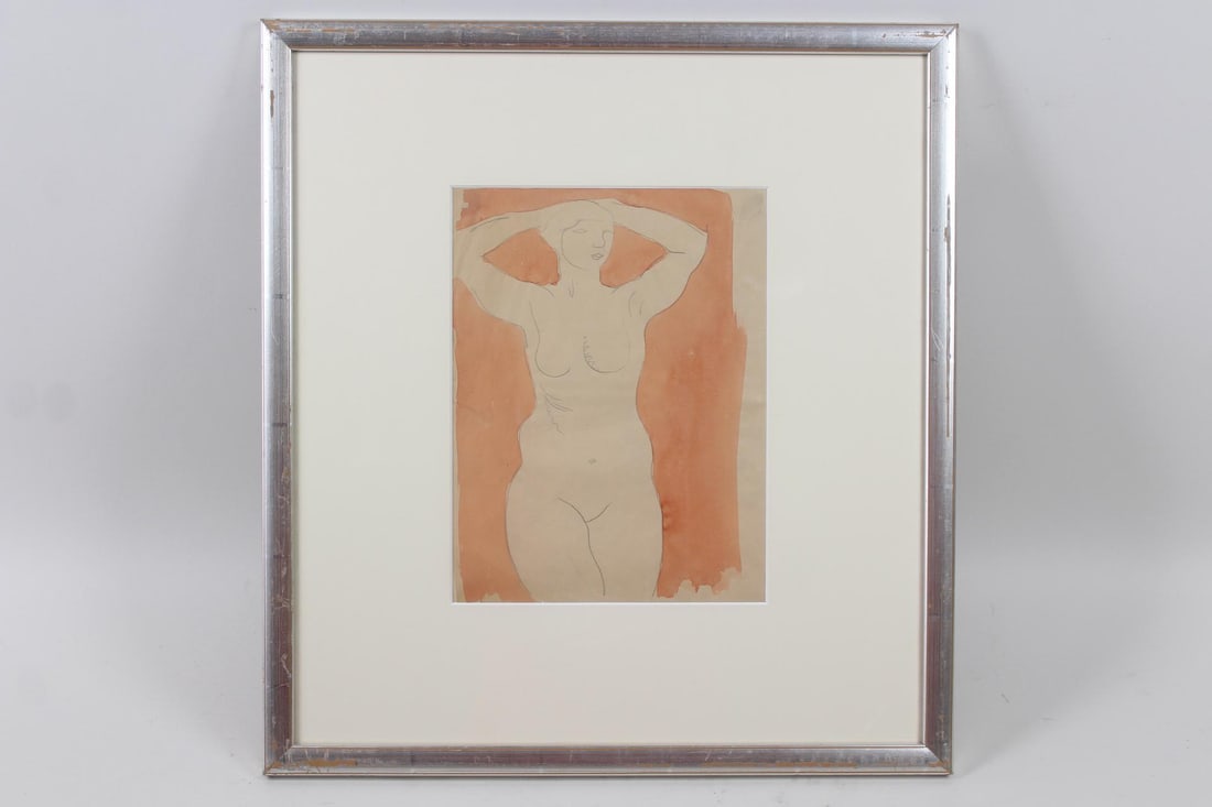 Modernist Watercolor Painting of a Nude Female Figure: Modernist Watercolor Painting of a Nude Female Figure. Pencil drawing of a nude female figure, with orange watercolor background. Unsigned. On the back is written early 20th c. Philadelphia. In a silv
