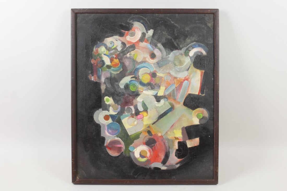 Modernist Colorful Abstract Painting with Circular Forms: Modernist Colorful Abstract Painting with Circular Forms. Wonderful abstract painting on canvas, full of movement, with colorful circular forms standing out in contrast with the black background. No s