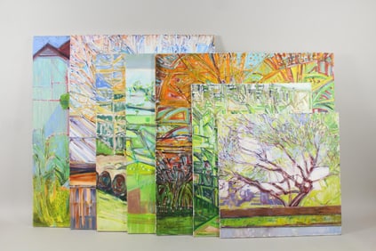 Group of 7 Adrianne Lobel Expressionist Paintings, Trees & Farms