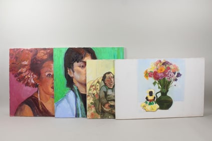 Group of 4 Adrianne Lobel Expressionist Paintings; 3 Portraits & a Still Life