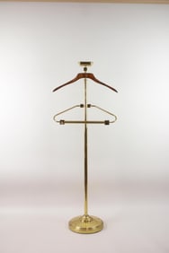 Mid Century Modern Brass & Wood Butler Valet Clothes Hanger Stand