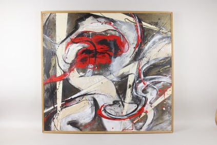Mid Century Modern Abstract Painting "Figures in Red" Signed Cherundolo