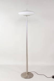 Alox Italia Postmodern Floor Lamp with Frosted Murano Shade: Alox Italia Postmodern Floor Lamp with Frosted Murano Shade. Floor lamp with chrome base and stem and frosted glass shade. Alox and Murano labels inside shade. Dimensions are 71 in h x 16in w x 16 in