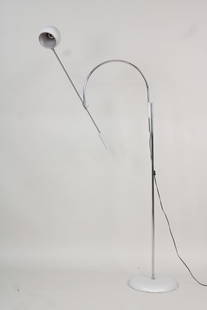 Robert Sonneman White & Chrome "Orbiter" Floor Lamp: Mid Century modern Robert Sonneman Chrome "Orbiter" Floor Lamp. Great space aged lamp with arc and articulated arm. Clearly marked. Dimensions are 56 in h x 38 in w x 10 in d. Condition is good. The "