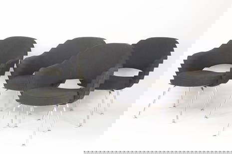 Set of 4 Saarinen Knoll Executive Armchairs, 3 of 4: Set of 4 Mid-century Modern Eero Saarinen Executive Armchairs for Knoll, 3 of 4. Four matching office armchairs with black fabric upholstered seats and cut-out backs designed by Eero Saarinen for Knol