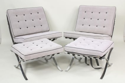 Pair of Contemporary Barcelona Chairs & Ottoman, Mies Van Der Rohe