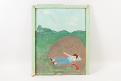 Folk Art Painting, Boy Napping on a Haystack