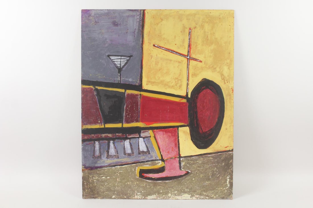 Red & Gold Abstract Painting with Martini Glass: Red & Gold Abstract Painting with Martini Glass. Abstract painting on board in red, gold, gray and black, with a single martini glass balanced in the upper left. No signature. Dimensions are 30 in h x