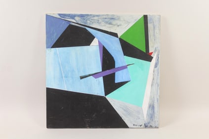 Geometric Abstract Painting in Blues, Signed