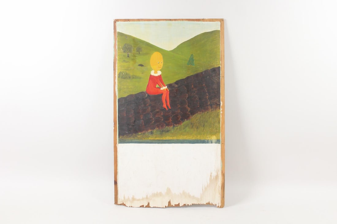 Folk Art Painting of Humpty Dumpty: Folk Art Painting of Humpty Dumpty. Painting on wood panelof a youngHumpty Dumptyin a red outfit sitting on a wall.No signature. Dimensions are 30 in h x 24 in w x .25 in d. Condition is good with wea