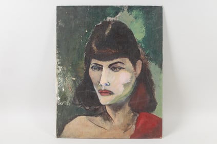 Modernist Portrait Painting of a Moody Woman with Bangs