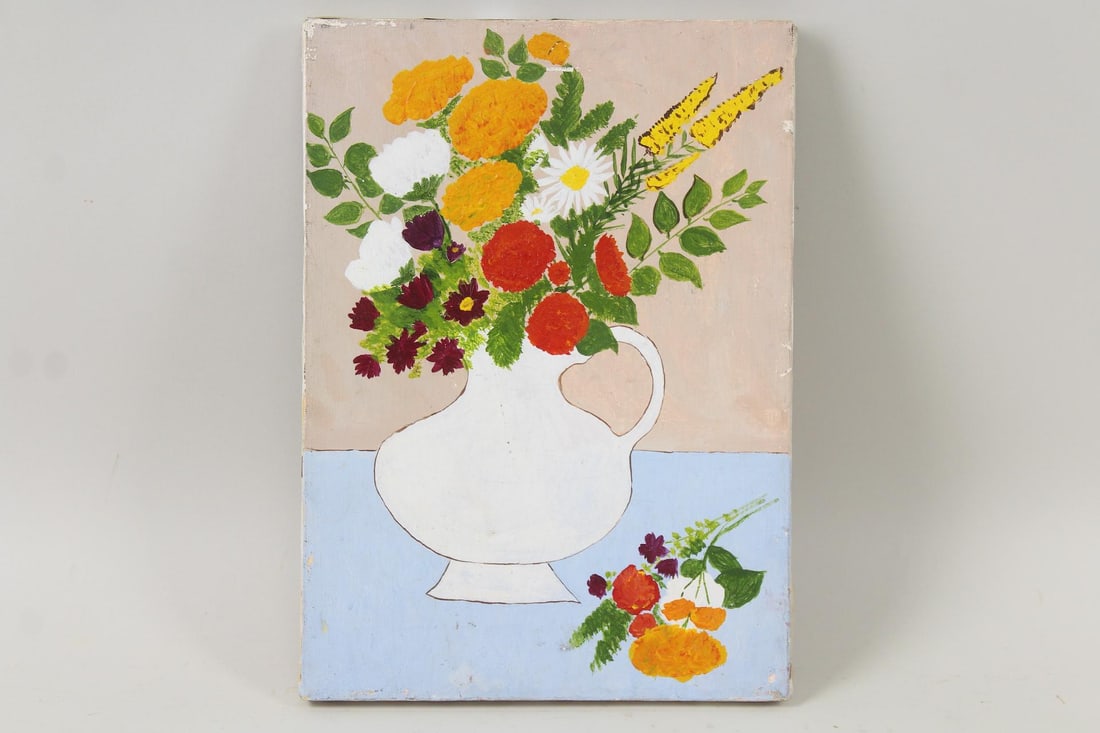 Naive Colorful Floral Still Life Painting: Naive Colorful Floral Still Life Painting. Painting on canvas, in a flat folk art style, of a white pitcher filled with a colorful bouquet of flowers, with a smaller nosegay to its right.No signature.