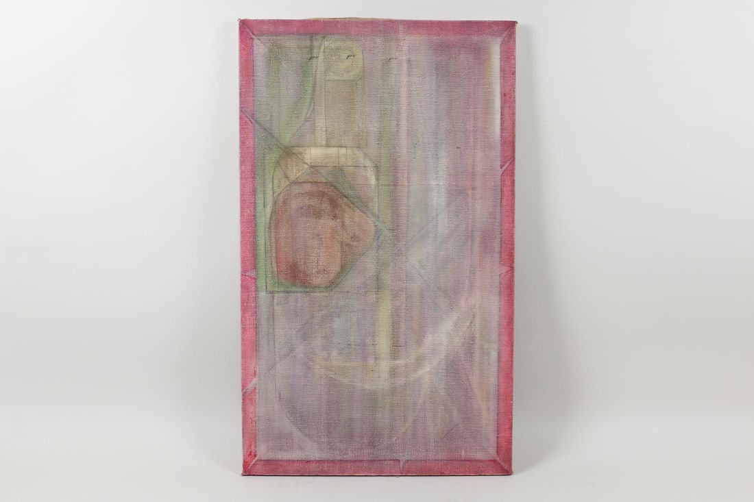 Abstract Painting in Pink & Green with Figure: Abstract Painting in Pink & Green with Figure.Painting on canvas with a wash of pink, green and purple paint over a pencil drawing, with a ghostly figure on the left. No signature. Dimensions are 30.2