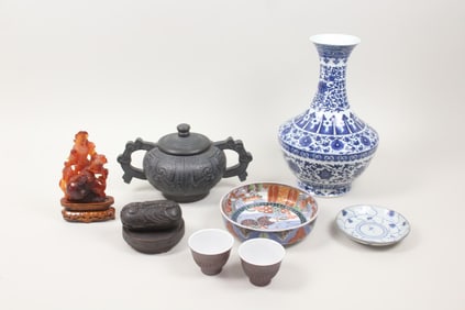 Group of 9 Asian Ceramic & Wood Objects
