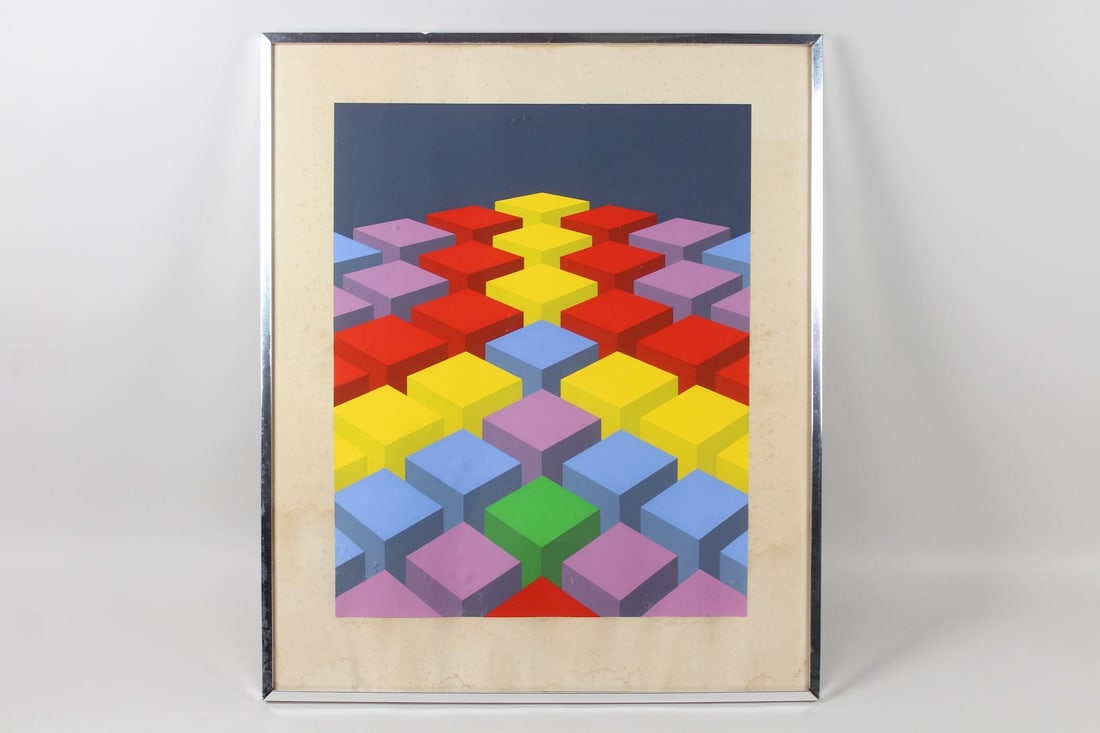 Marko Spalatin Op Art Screenprint "Cube Field X": Marko Spalatin Op Art Screenprint "Cube Field X."Colorful print signed, titled and numbered 2/60 in the lower margin by the artist Marko Spalatin (American, born 1945.) In a silver metal frame. Dimens