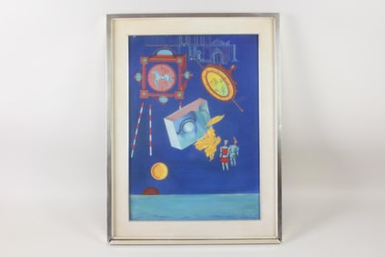 Framed Surreal Gouache Painting, Signed Valentin