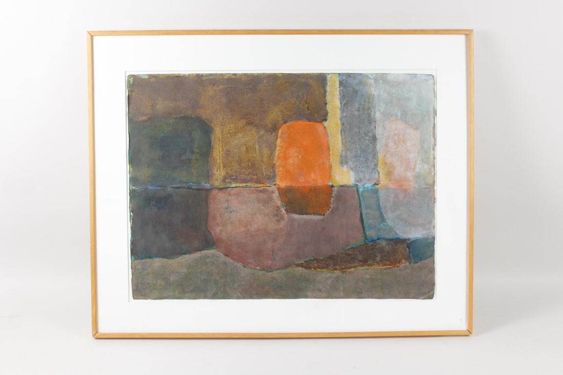 Framed Minimalist Abstract Watercolor Painting in Earthy Tones: Mid-Century Modern Abstract Painting in Earthy Tones.Painting on paper with blocks of earthy colors, with an orange shape which pops against the darker colors. No signature andin a wooden frame. Dimen