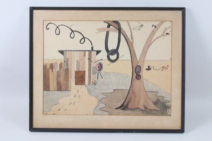 Surreal Watercolor Painting with Arrows, Tree & Outhouse