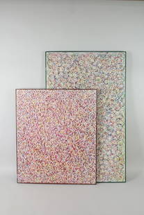 Pair of Modernist Abstract Circle Paintings, John Stark Woodstock: Pair of Modernist Abstract Circle Paintings, John Stark Woodstock. Two paintings on canvas, in 2 sizes, with overlapping circles in multiple colors. Signed by the Woodstock NY artist John Stark on fro
