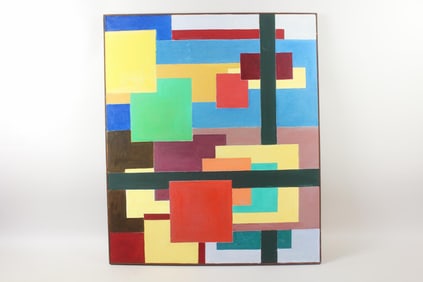 Modernist Colorful Cubist Abstract Painting, Brown Frame, John Stark Woodstock