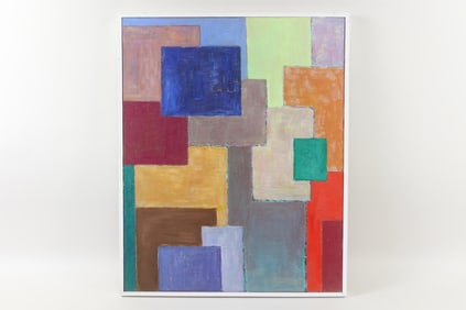 Modernist Colorful Cubist Abstract Painting, White Frame, John Stark Woodstock