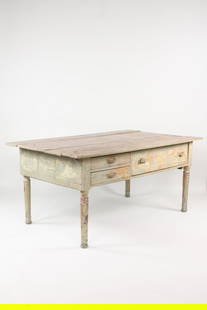 Primitive Painted Green Farm Work Table: Primitive Painted Green Farm Work Table. An interesting table with an arrangement of 3 drawers on the front, only two are functional, the large one has been boarded up. A great work table from an old