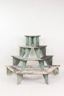Large Green Painted 4 Tier Wooden Plant Stand: Primitive Green Painted 4 Tier Wooden Plant Stand. Large and sturdy plant stand with four graduated tiers and unusual green painted triangle shaped shelf supports. Dimensions are 49.5 in h x 68 in w x