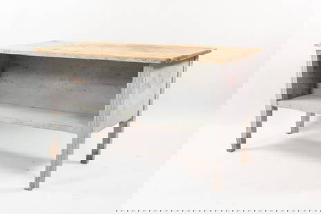 Painted Wood Double Sided Bookcase Low Table: Painted Wood Double Sided Bookcase Low Table. This is a very interesting low table, with double sided shelf for books (or whatever you'd like). It has a base painted a milky grey paint. Dimensions