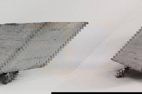 Industrial Grey Painted Wood Factory Rolling Bin Cart: Industrial Grey Painted Wood Factory Rolling Bin Cart. This grey painted wooden factory cart has smooth rolling casters. Would be great for holding firewood among many other things. It is stenciled