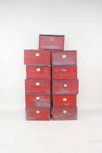 Set of 11 Blue & Red Painted Wooden Storage Boxes: Set of 11 Industrial Blue & Red Painted Wooden Storage Boxes. Eleven matching wooden boxes in slightly different sizes, with attached lids and painted in a great color combination of red exterior and