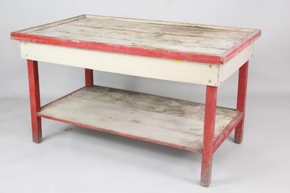 Primitive Red & White Painted 2 Tier Work Table, Potting Bench