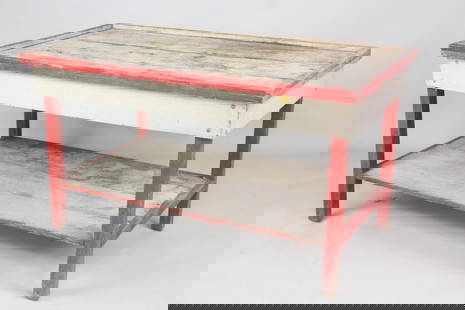 Primitive Red & White Painted 2 Tier Work Table, Potting Bench: Primitive Farm House Red & White Painted 2 Tier Work Table, Potting Bench. Wooden 2 tier table or potting bench painted in the great color combination of red and white. Lip around the top to keep item