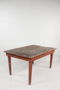 Primitive Red Painted Wood Farm Table: Primitive Red Painted Wood Farm Table. Table features 2 wide planks for the top and square nails in construction. Great patina. Dimensions are 29.25 in h x 60.25 in w x 39.5 in d. Condition is fair