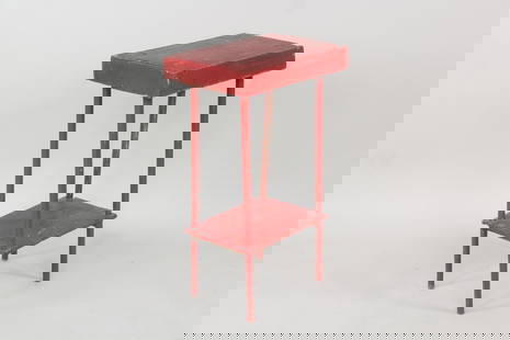 Red Painted Folk Art 2 Tier Stand: Red Painted Folk Art 2 Tier Wooden Plant Stand. Minimalist wooden stand painted a great shade of red. Solid & sturdy. Dimensions are 30.25 in h x 12 in w x 17.75 in d. Condition is good with a piece o