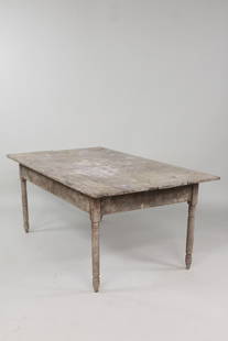 Primitive Wood Farm Table with Turned Legs: Primitive Wood Farm Table with Turned Legs. Table features 2 wide planks for the top, turned legs and square nails in construction. Great patina with remnants of gray and red paint. Dimensions are 28.
